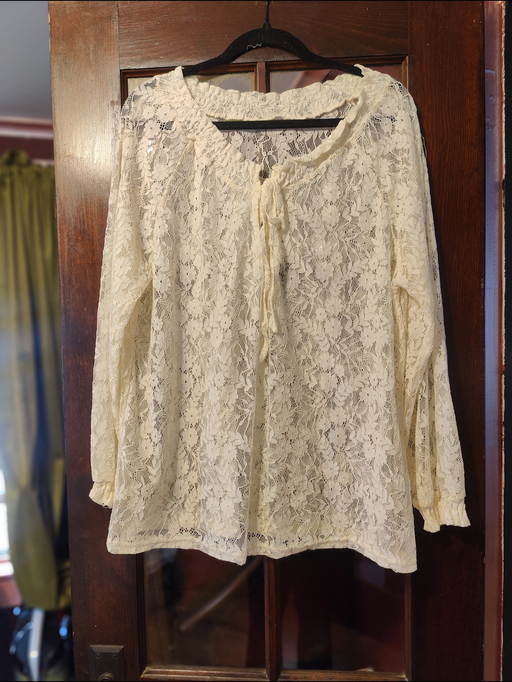 Women's Cream Lace Tie-Neck Blouse